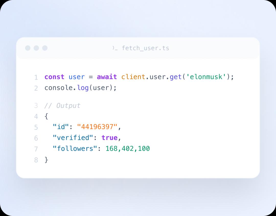 Code editor showing API request example with fetch_user.ts